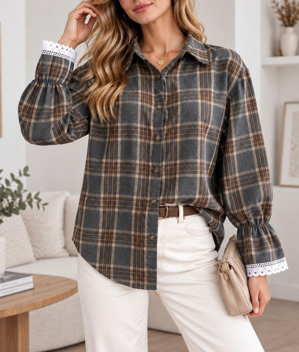 Plaid Tie Back Lace Cuff Bell Sleeve Relaxed Shirt - Grey - 2