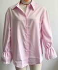 Plaid Tie Back Lace Cuff Bell Sleeve Relaxed Shirt - Pink