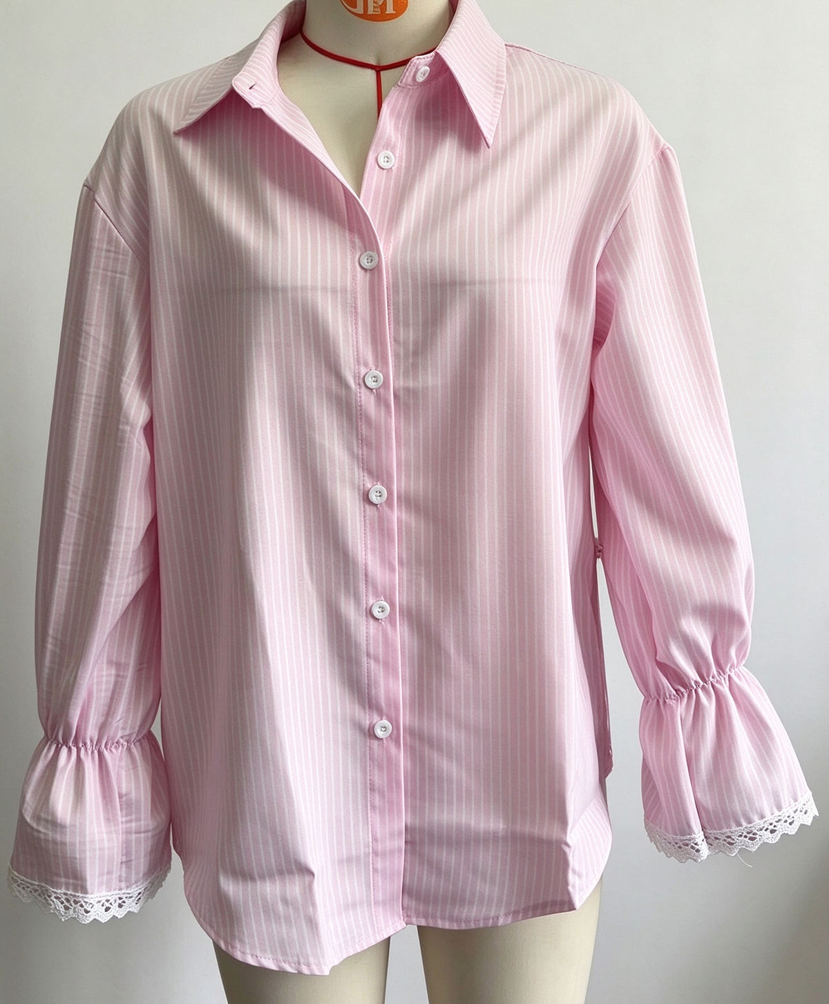 Plaid Tie Back Lace Cuff Bell Sleeve Relaxed Shirt - Pink