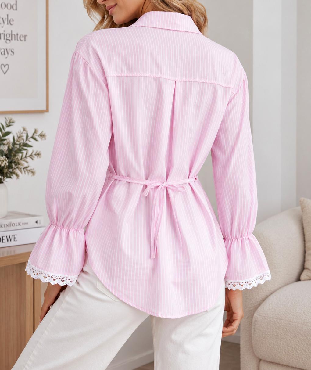 Plaid Tie Back Lace Cuff Bell Sleeve Relaxed Shirt - Pink - 2