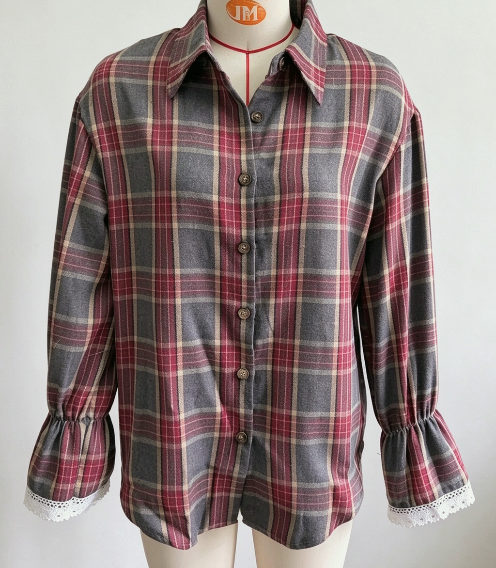 Plaid Tie Back Lace Cuff Bell Sleeve Relaxed Shirt - Red