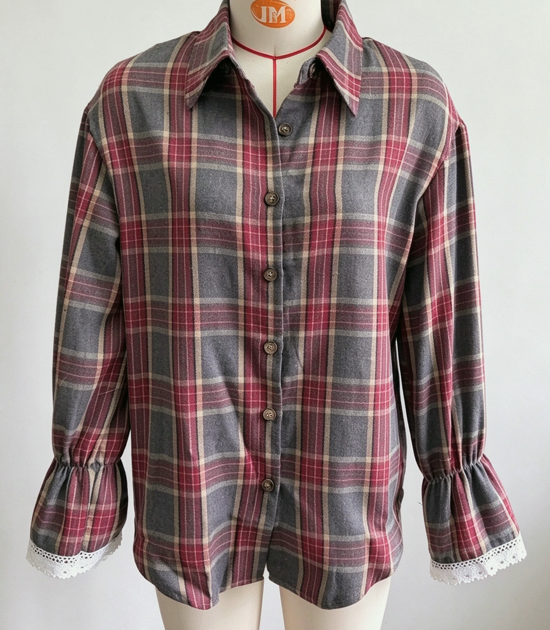 Plaid Tie Back Lace Cuff Bell Sleeve Relaxed Shirt - Red