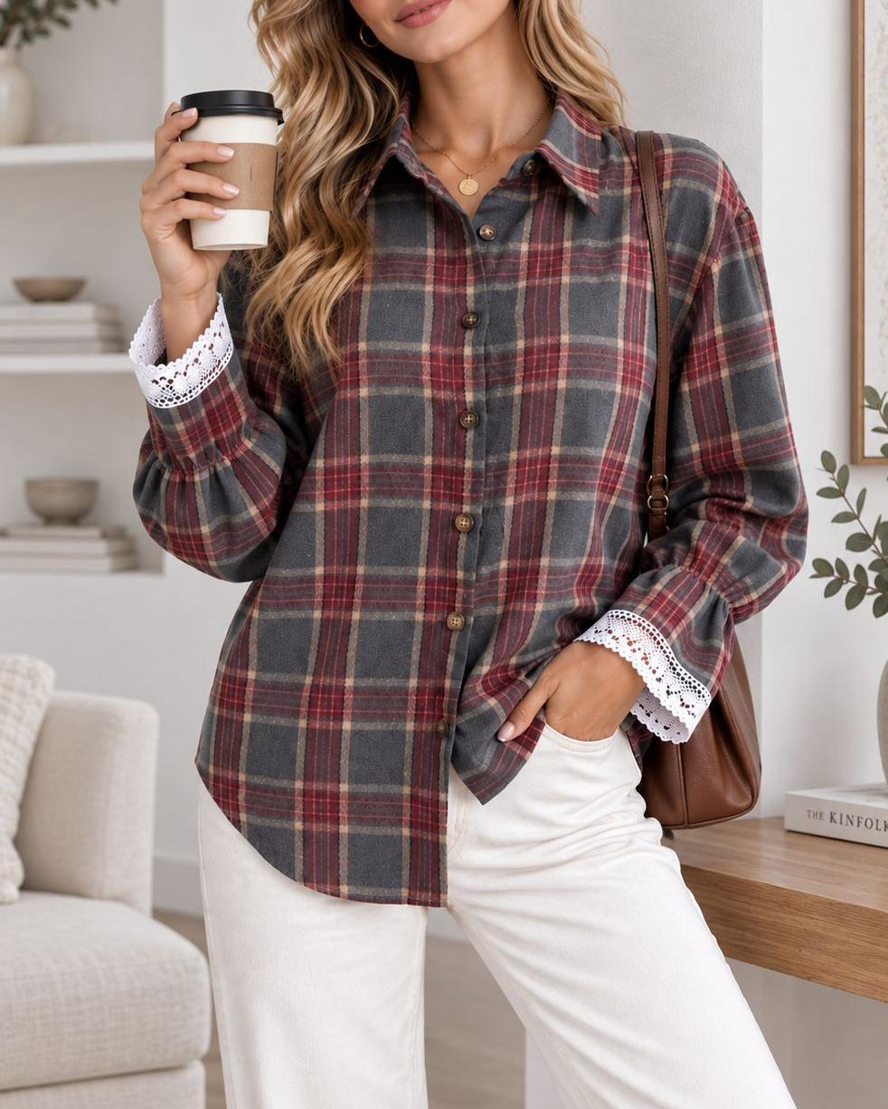 Plaid Tie Back Lace Cuff Bell Sleeve Relaxed Shirt - Red - 1