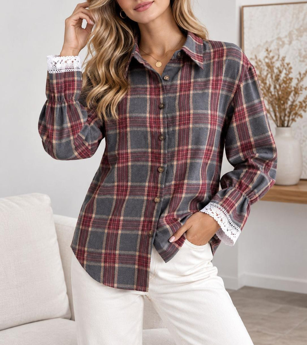 Plaid Tie Back Lace Cuff Bell Sleeve Relaxed Shirt - Red - 2