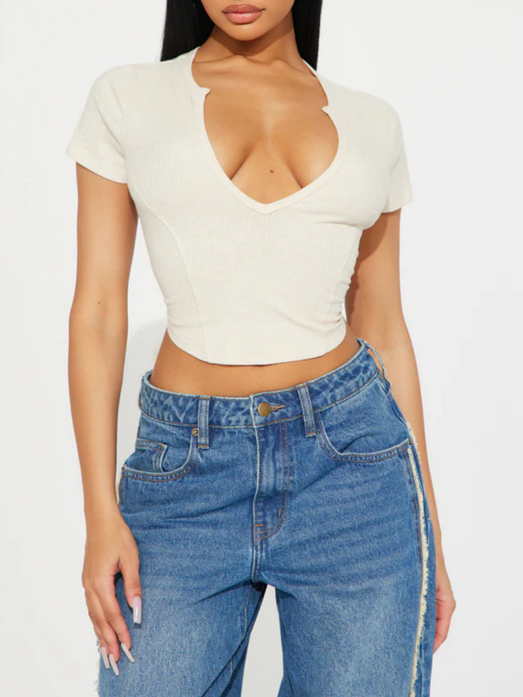 Deep V Twist Front Crop Tee - Apricot
