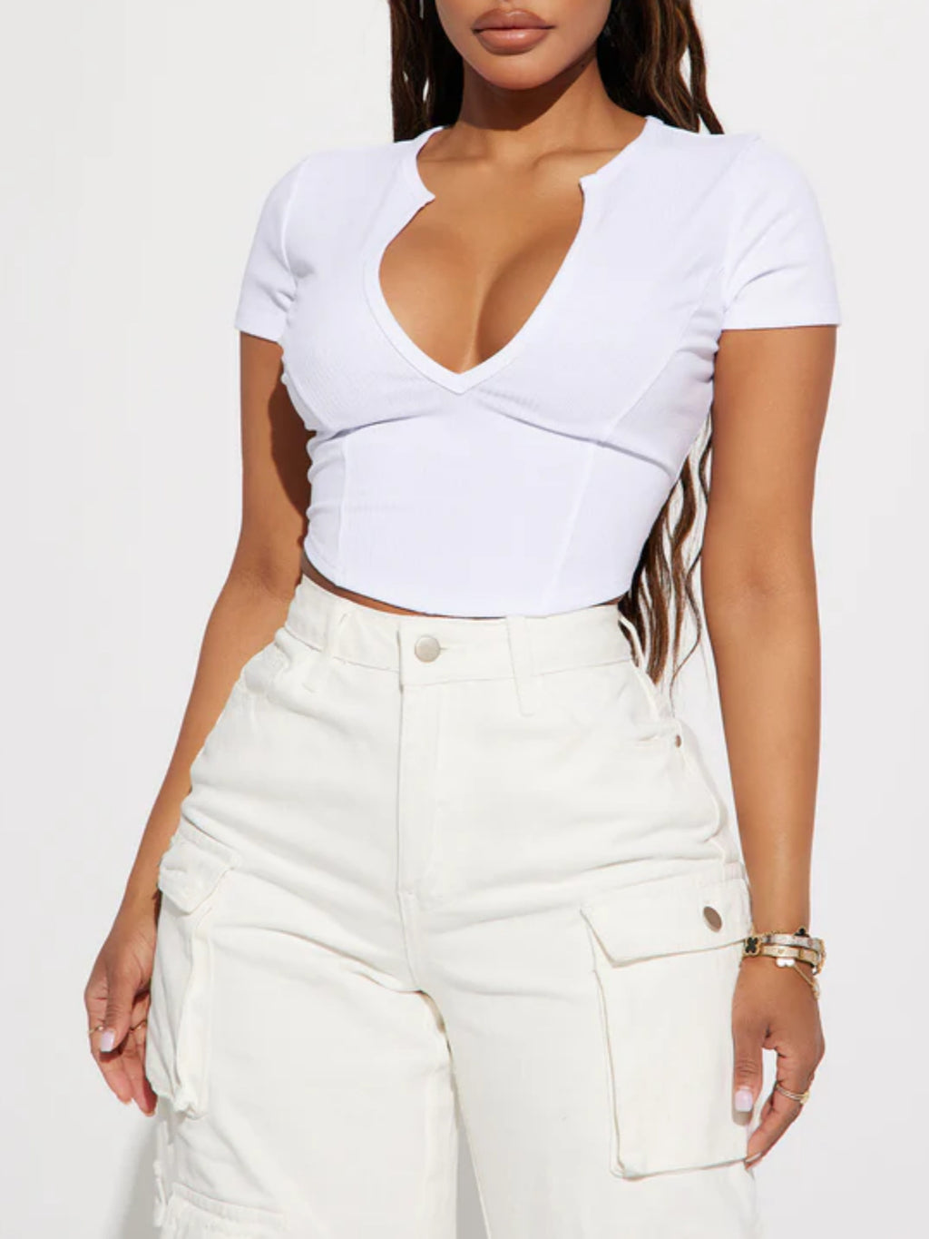 Deep V Twist Front Crop Tee - white