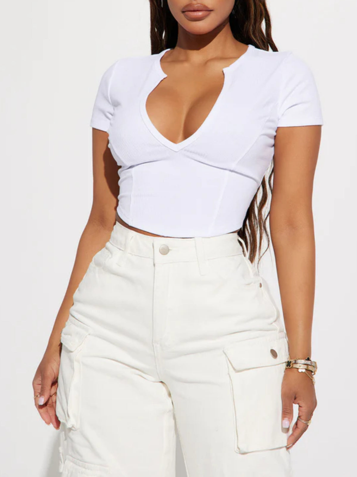 Deep V Twist Front Crop Tee - white