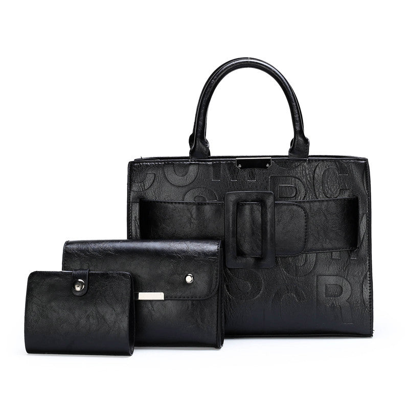 Embossed Letter Top Handle Bag Set - Black