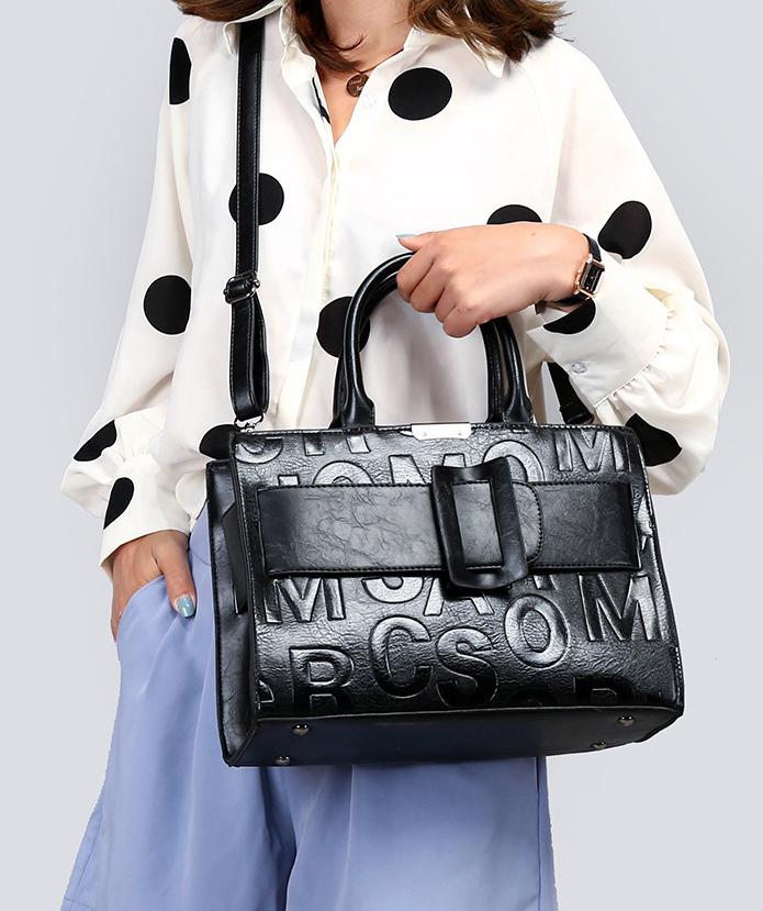 Embossed Letter Top Handle Bag Set - Black - 1