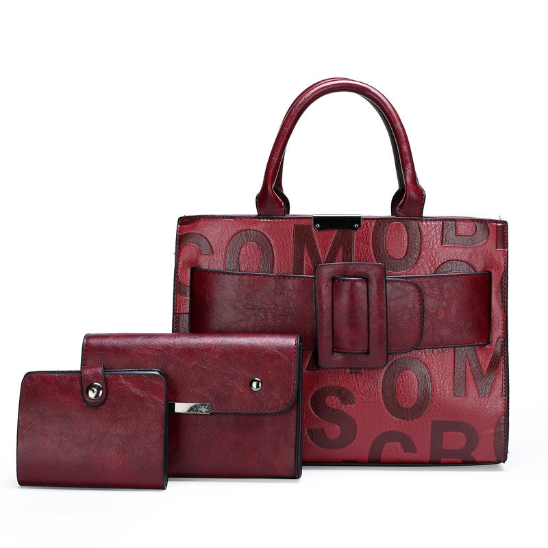 Embossed Letter Top Handle Bag Set - Burgundy