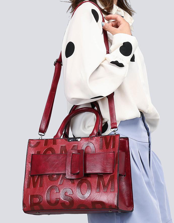 Embossed Letter Top Handle Bag Set - Burgundy - 1