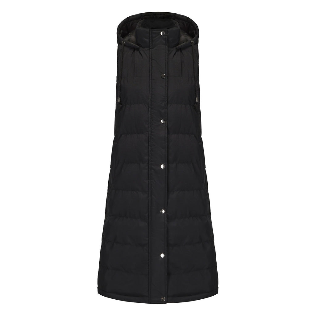 Longline Hooded Puffer Vest With Pockets - Black