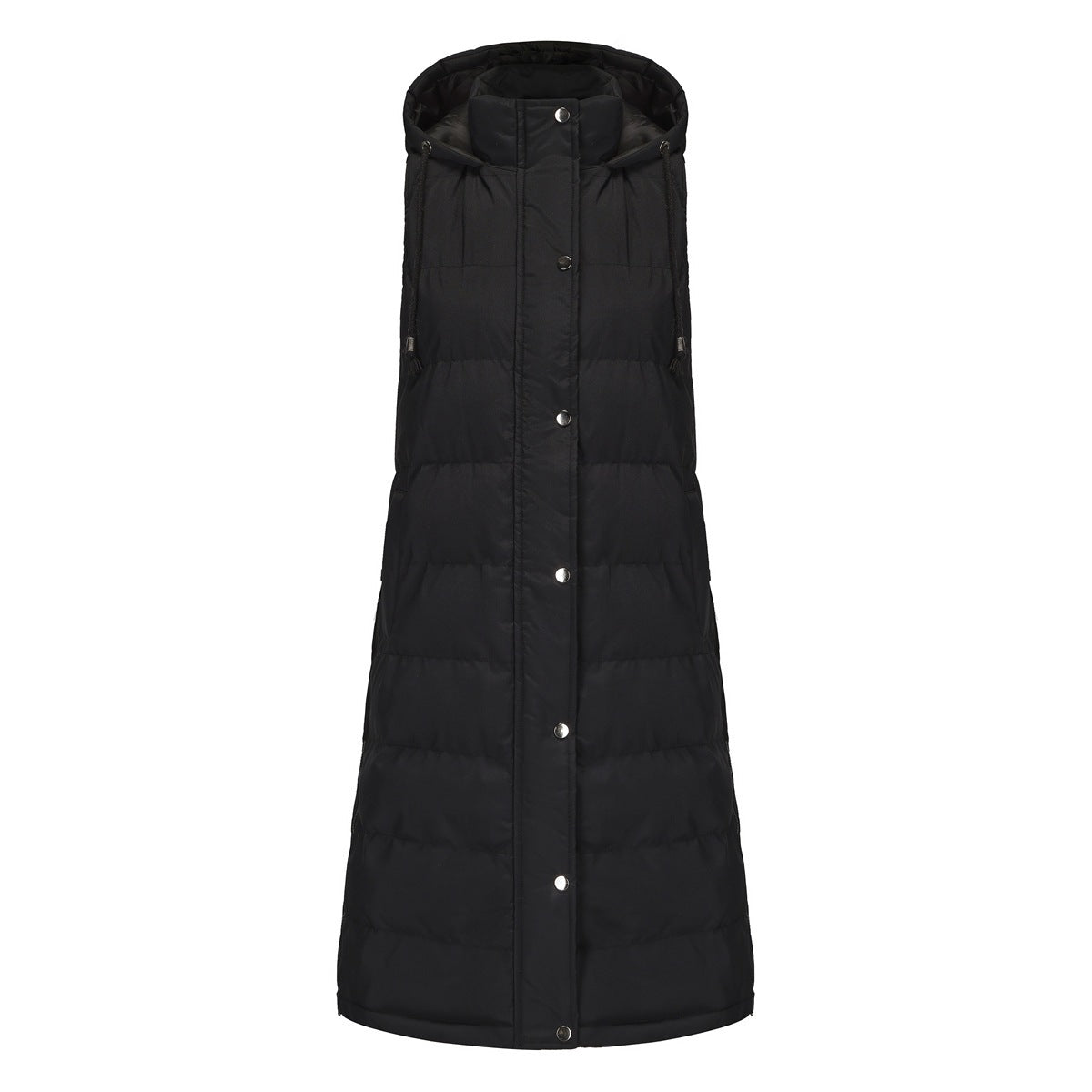 Longline Hooded Puffer Vest With Pockets - Black