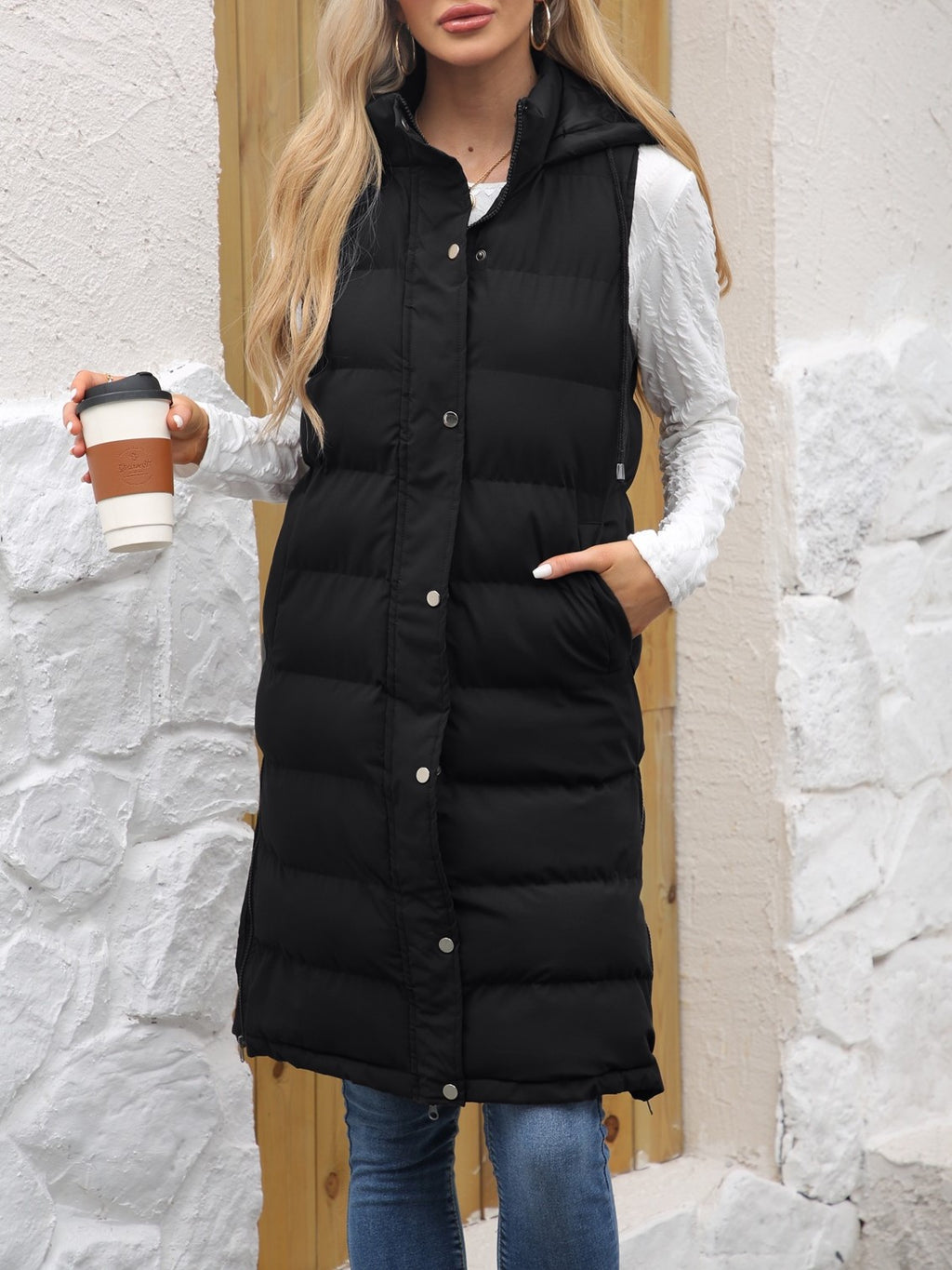 Longline Hooded Puffer Vest With Pockets - Black - 1