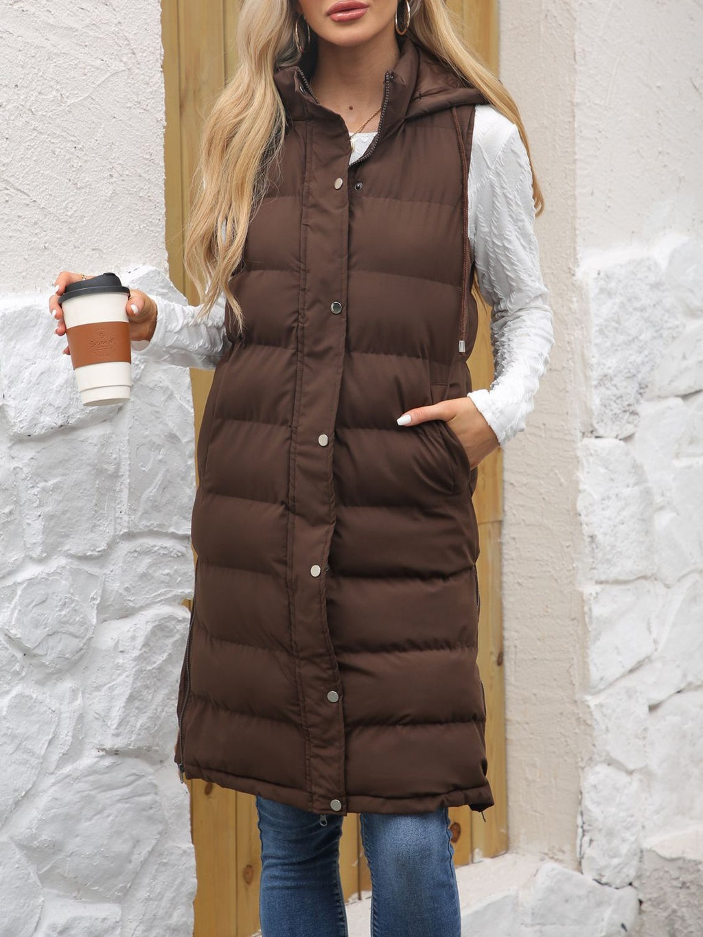 Longline Hooded Puffer Vest With Pockets - Coffee