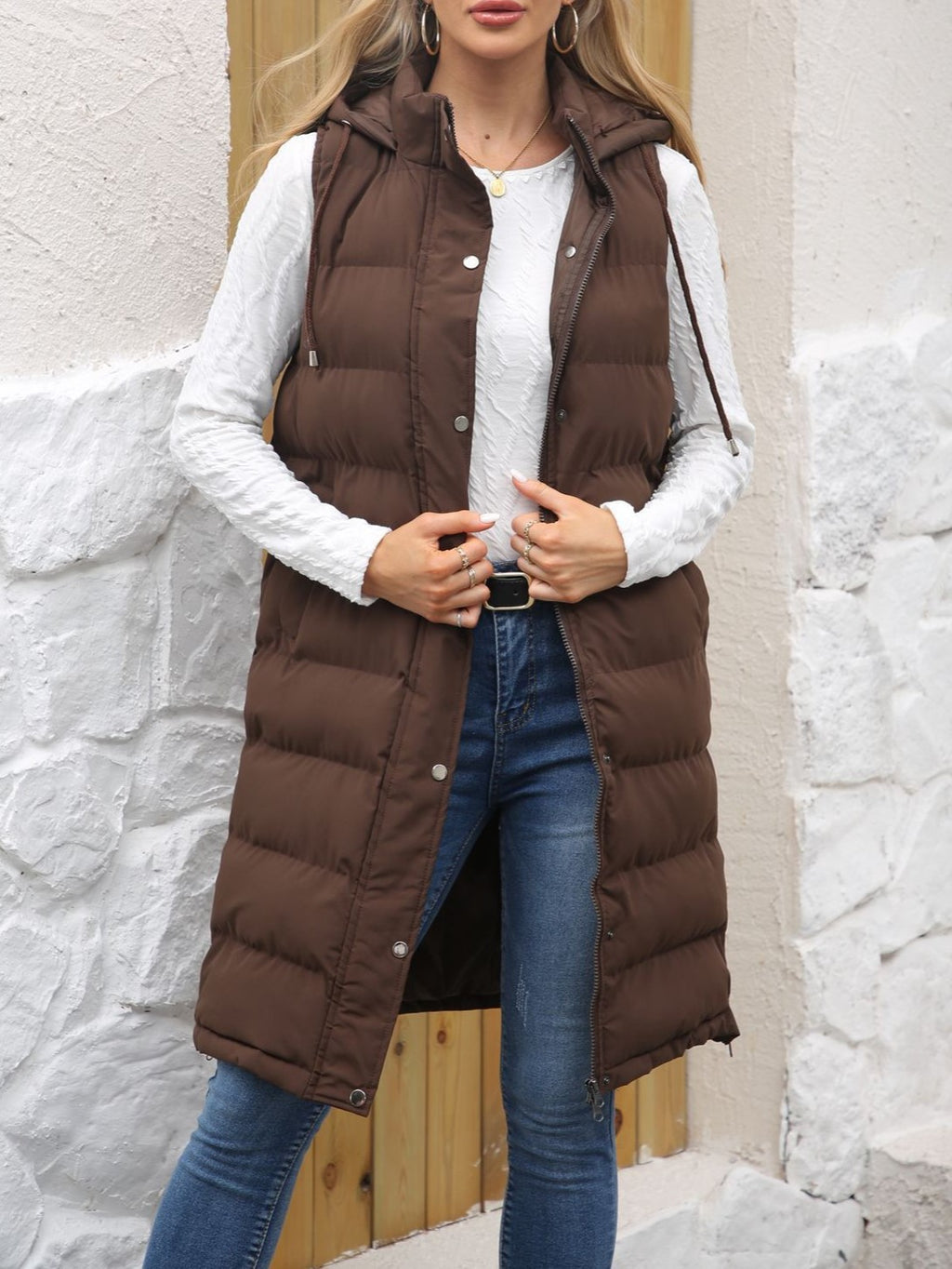 Longline Hooded Puffer Vest With Pockets - Coffee - 1