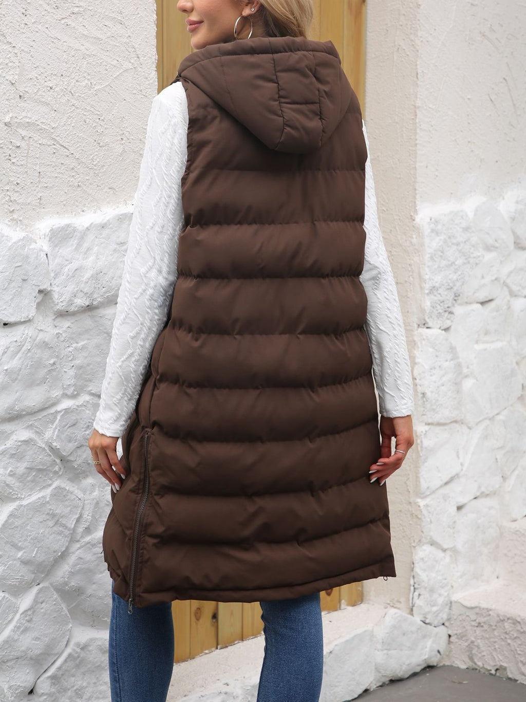 Longline Hooded Puffer Vest With Pockets - Coffee - 2