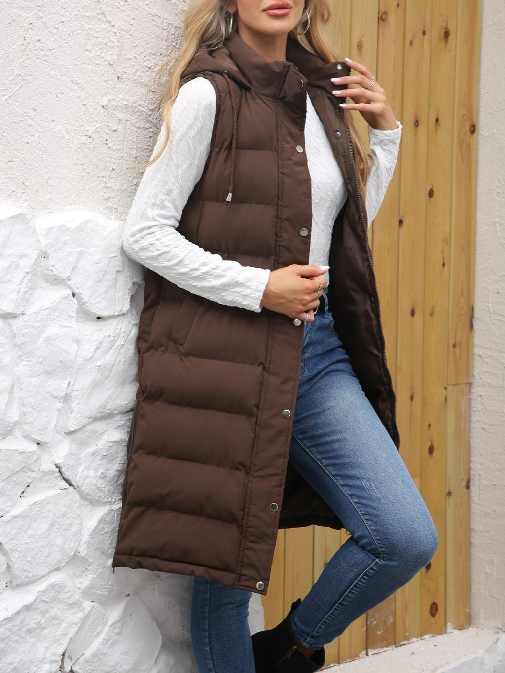 Longline Hooded Puffer Vest With Pockets - Coffee - 3