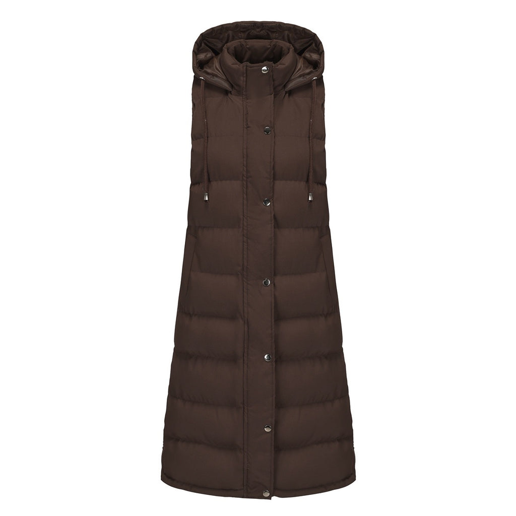 Longline Hooded Puffer Vest With Pockets - Coffee - 4