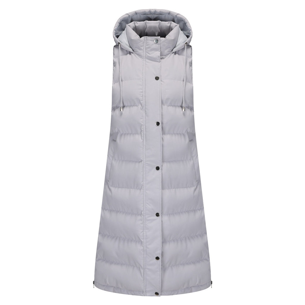 Longline Hooded Puffer Vest With Pockets - Gray