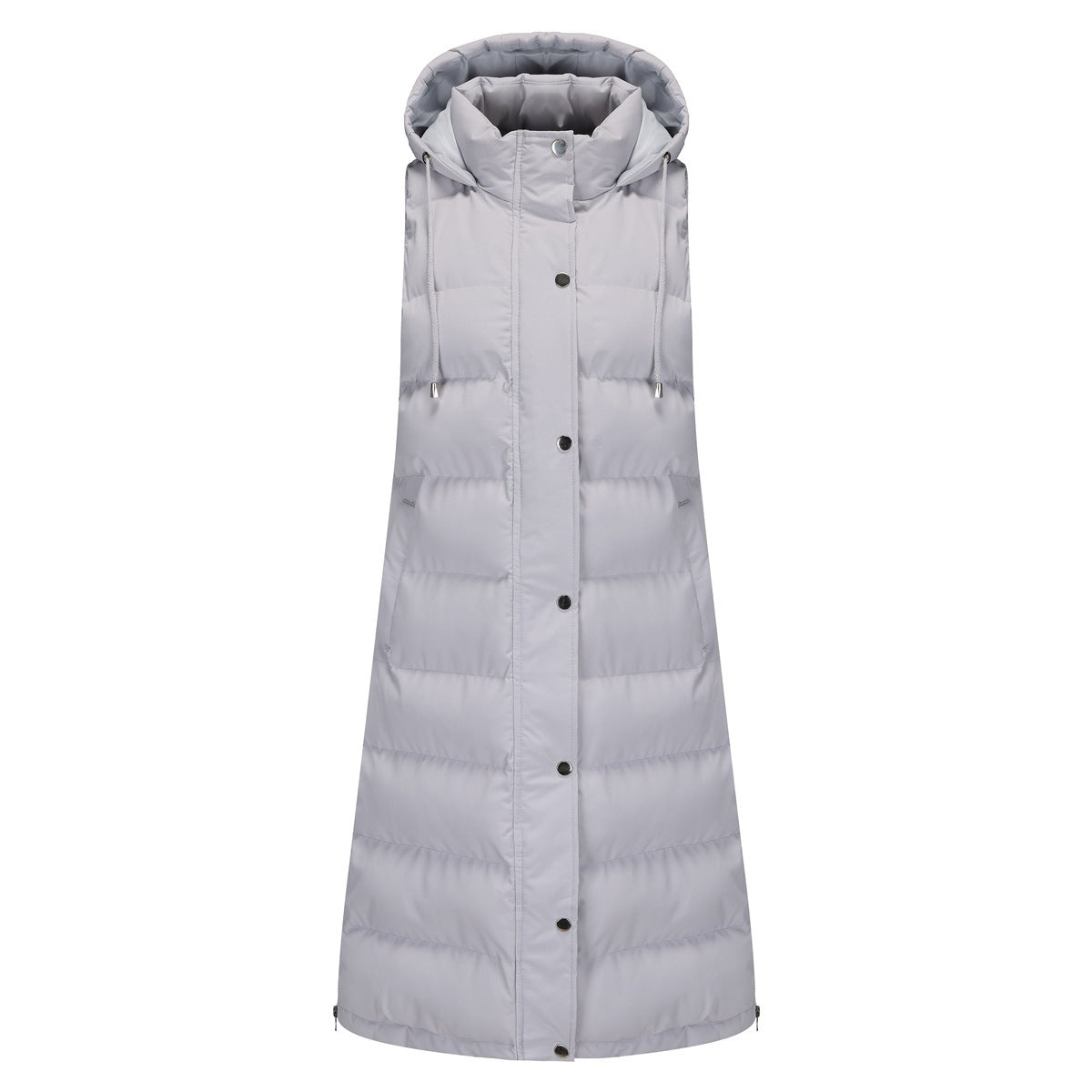 Longline Hooded Puffer Vest With Pockets - Gray