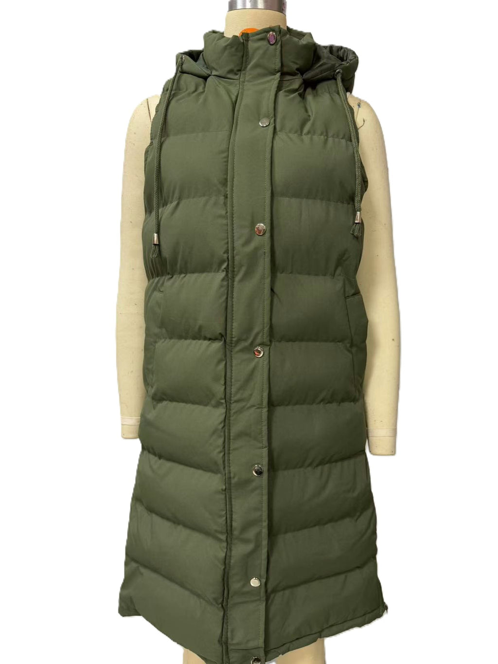 Longline Hooded Puffer Vest With Pockets - Green