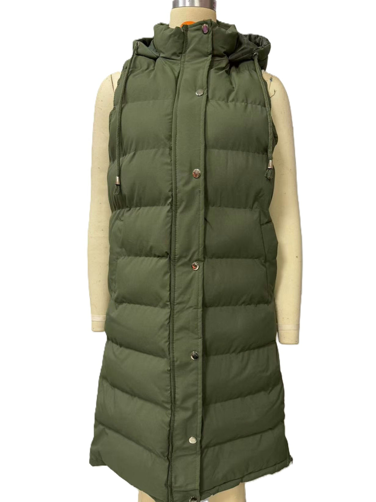 Longline Hooded Puffer Vest With Pockets - Green