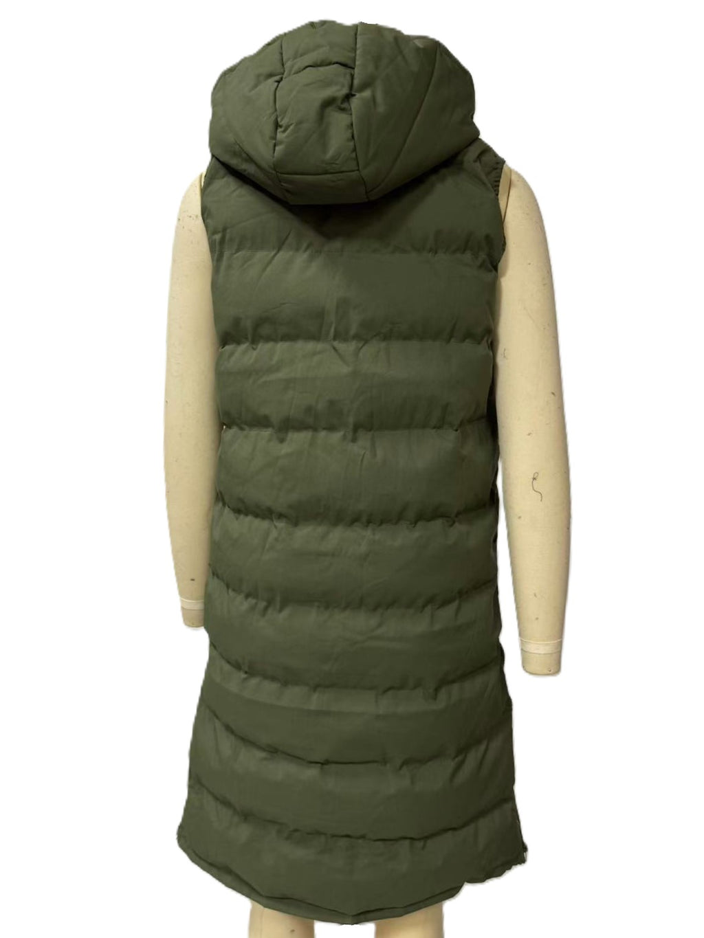 Longline Hooded Puffer Vest With Pockets - Green - 1