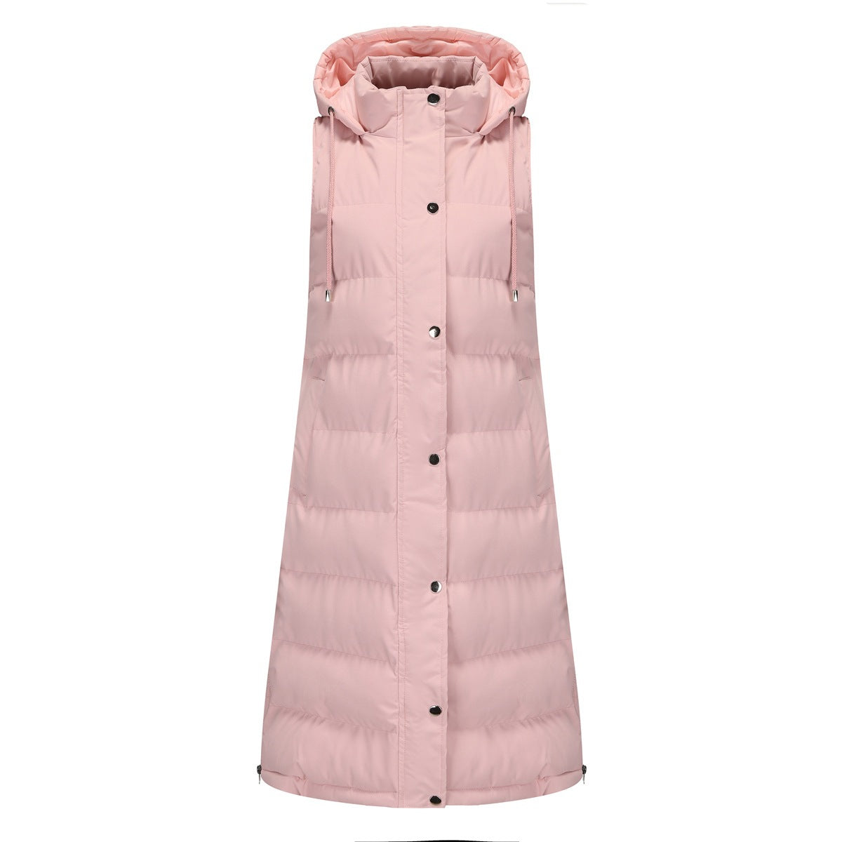 Longline Hooded Puffer Vest With Pockets - Pink
