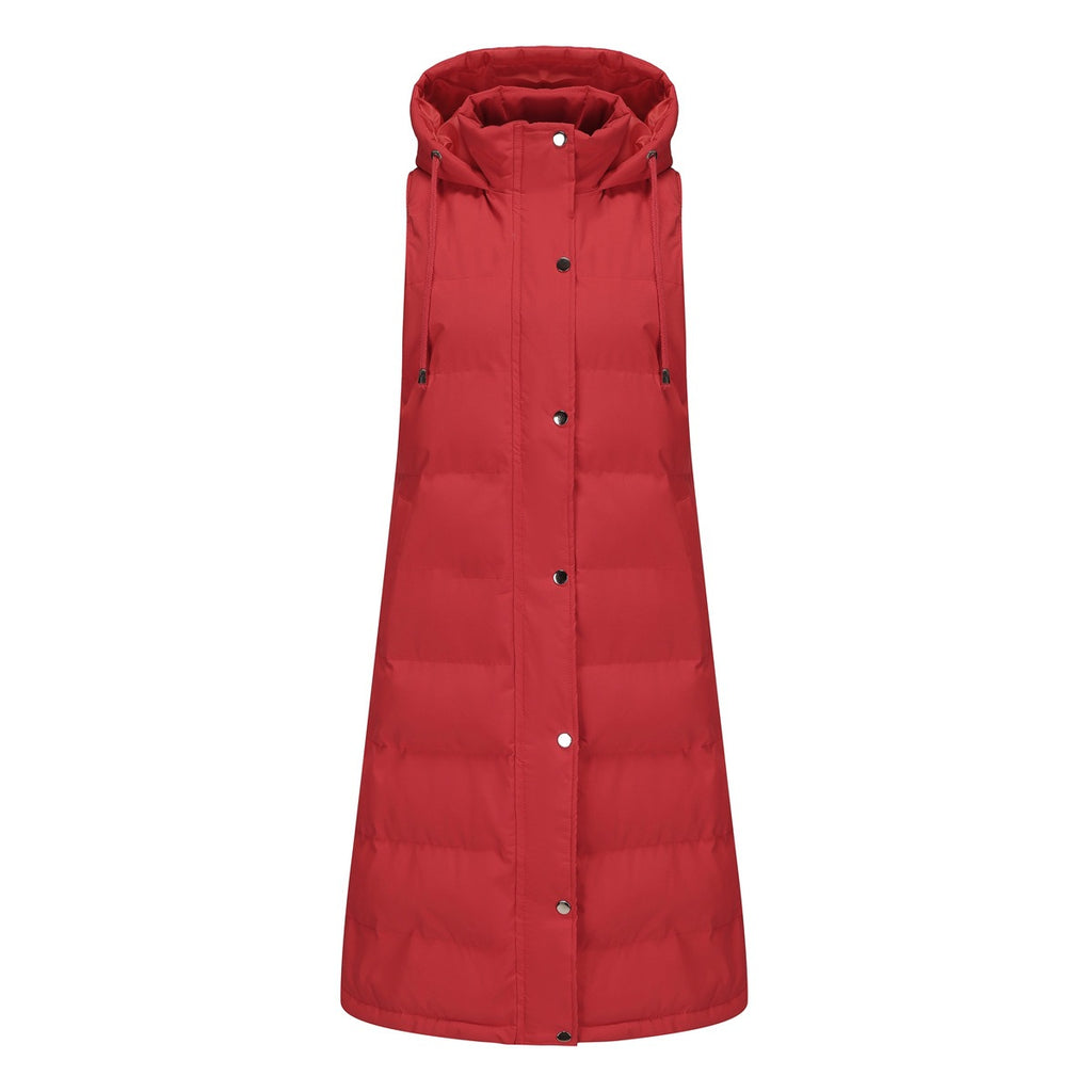 Longline Hooded Puffer Vest With Pockets - Red