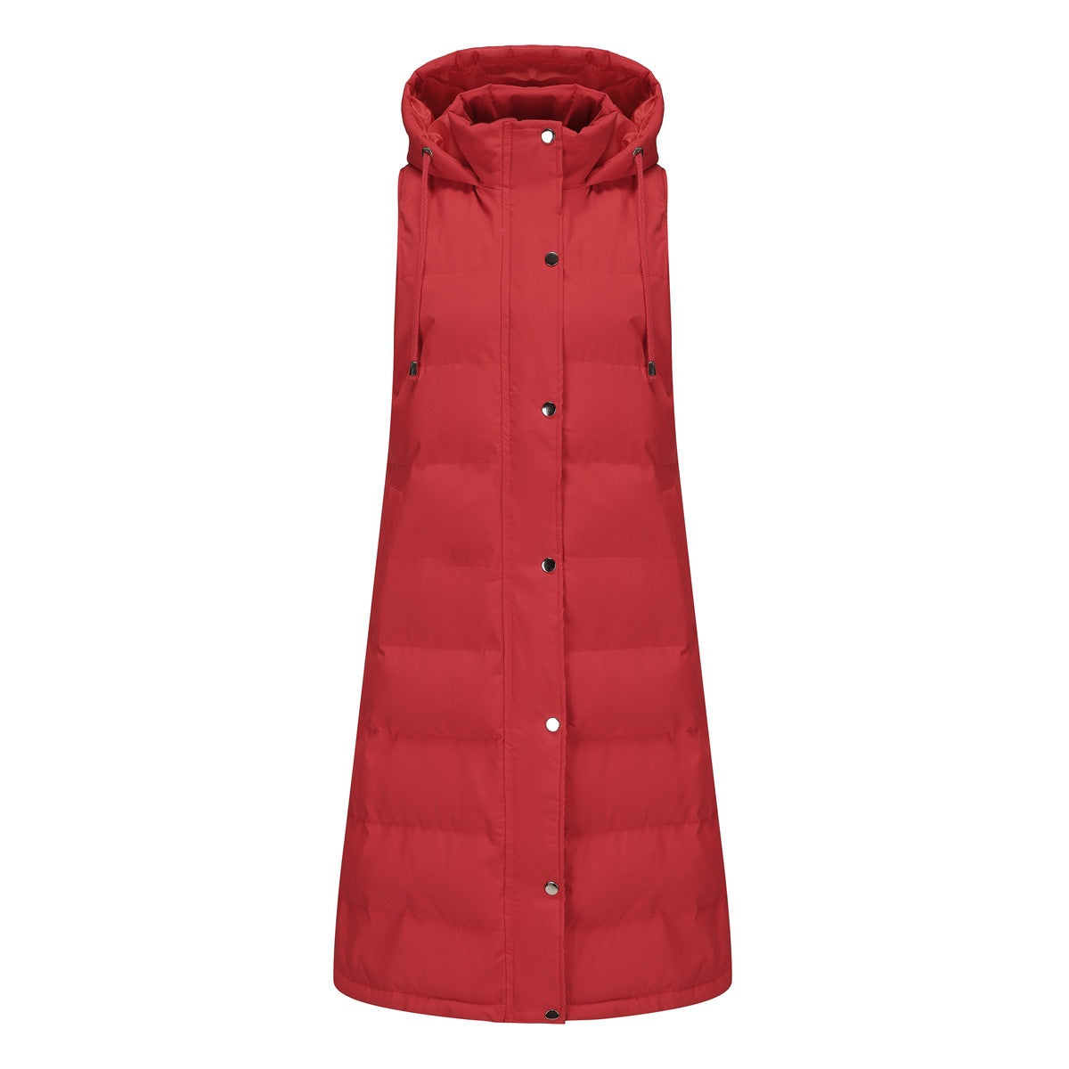 Longline Hooded Puffer Vest With Pockets - Red