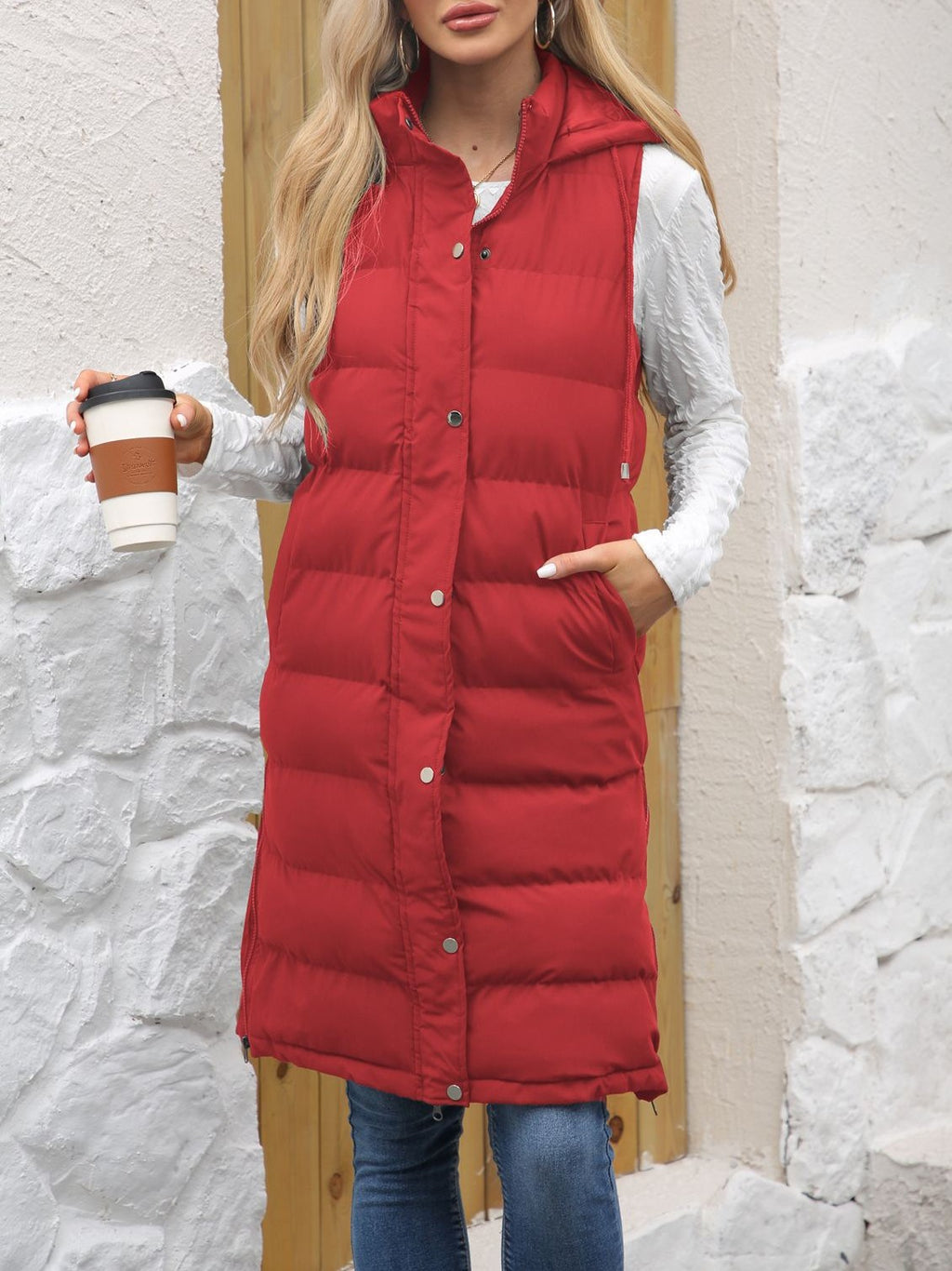 Longline Hooded Puffer Vest With Pockets - Red - 1