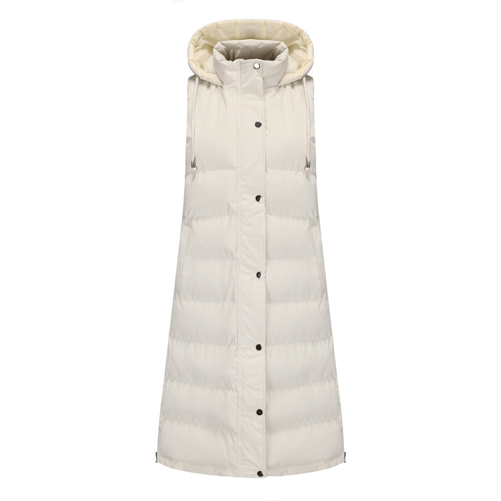 Longline Hooded Puffer Vest With Pockets - White
