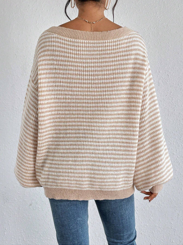 Striped Boat Neck Balloon Sleeve Sweater - Apricot