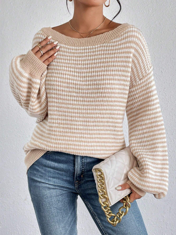 Striped Boat Neck Balloon Sleeve Sweater - Apricot - 1