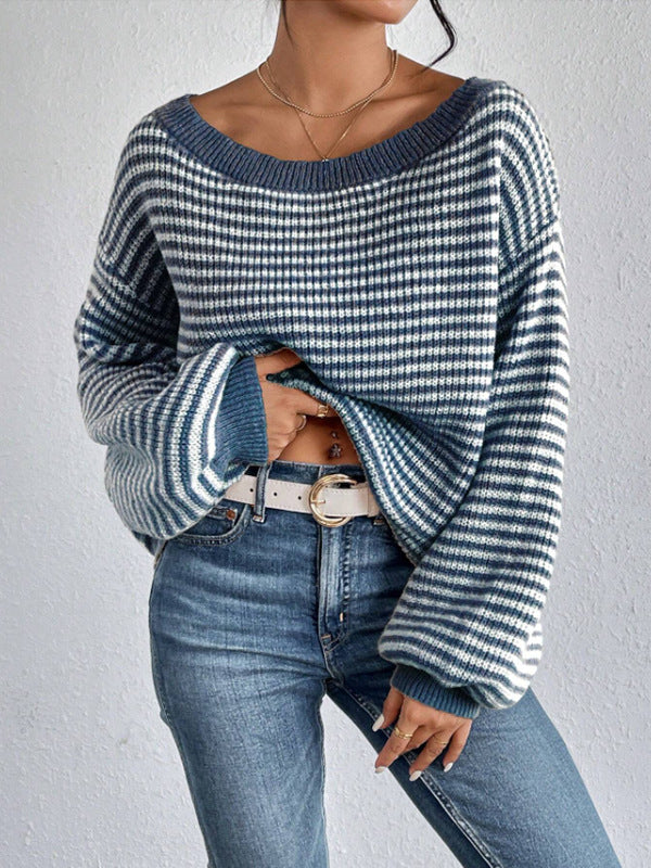 Striped Boat Neck Balloon Sleeve Sweater - Blue - 1