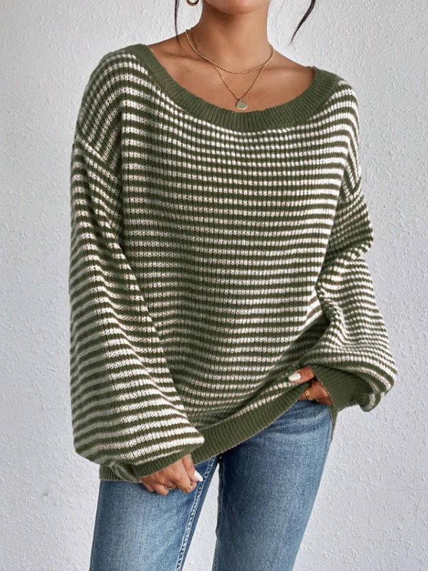 Striped Boat Neck Balloon Sleeve Sweater - Green