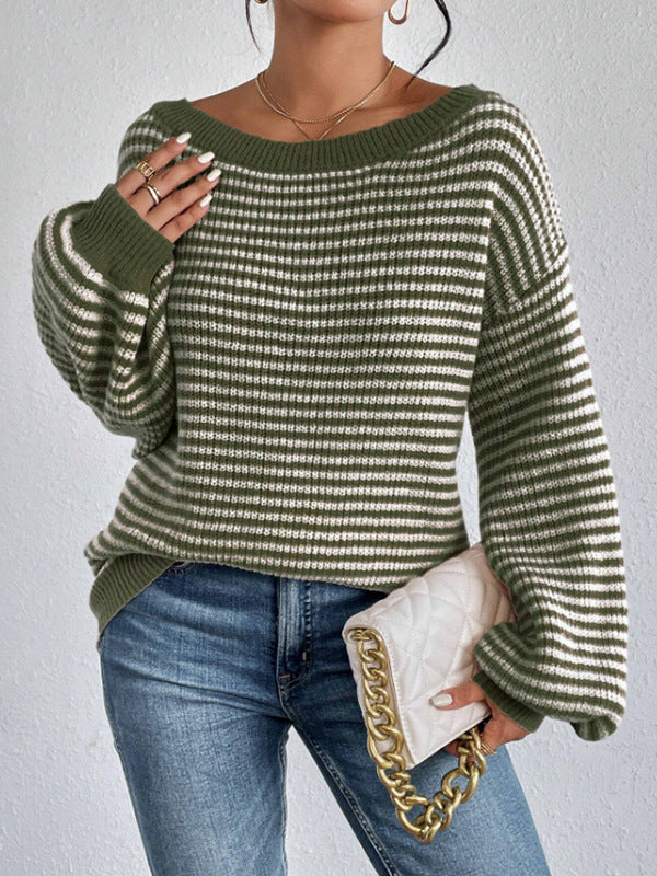 Striped Boat Neck Balloon Sleeve Sweater - Green - 1