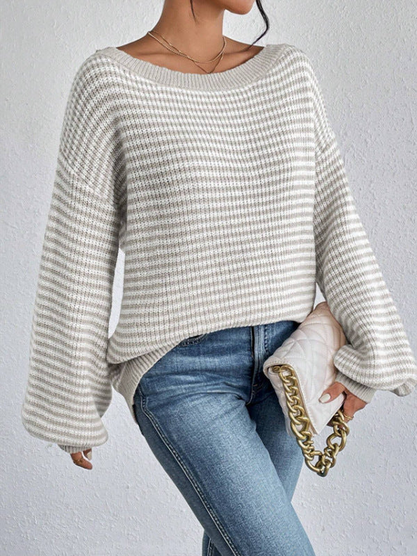 Striped Boat Neck Balloon Sleeve Sweater - Grey - 1