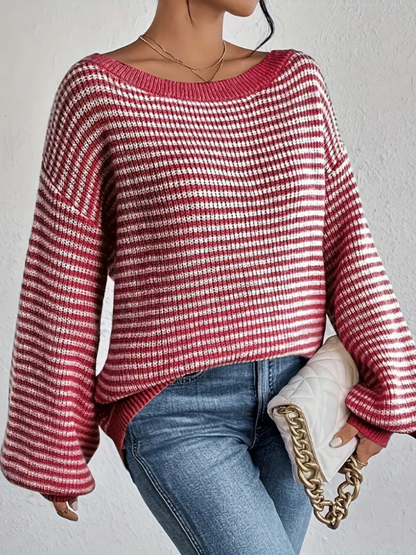 Striped Boat Neck Balloon Sleeve Sweater - Red