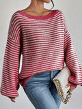 Striped Boat Neck Balloon Sleeve Sweater - Red
