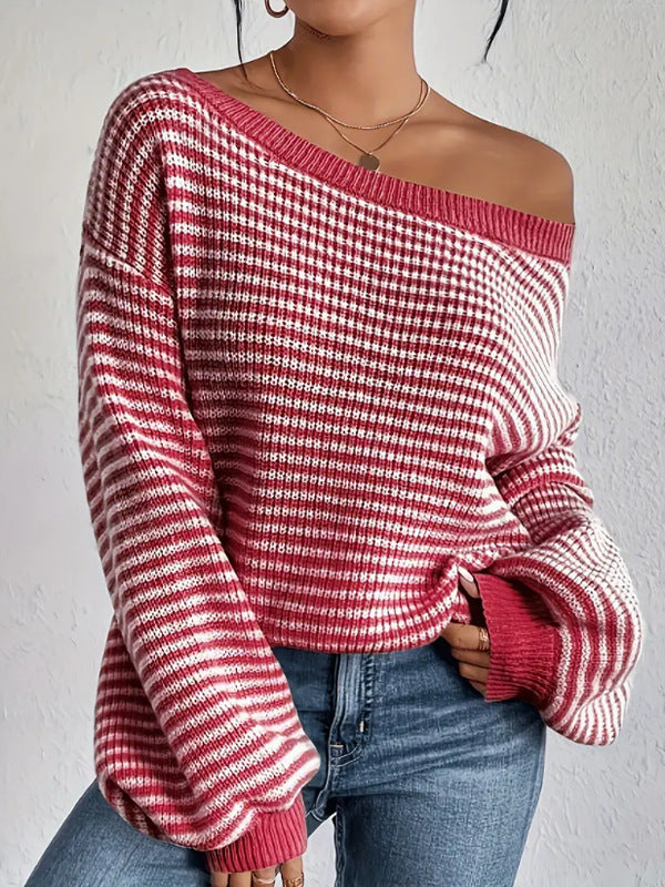 Striped Boat Neck Balloon Sleeve Sweater - Red - 1