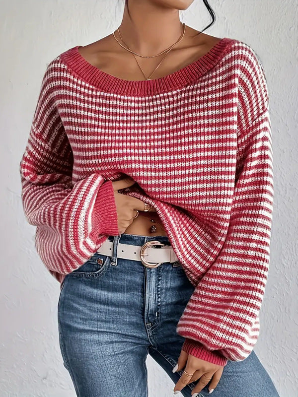 Striped Boat Neck Balloon Sleeve Sweater