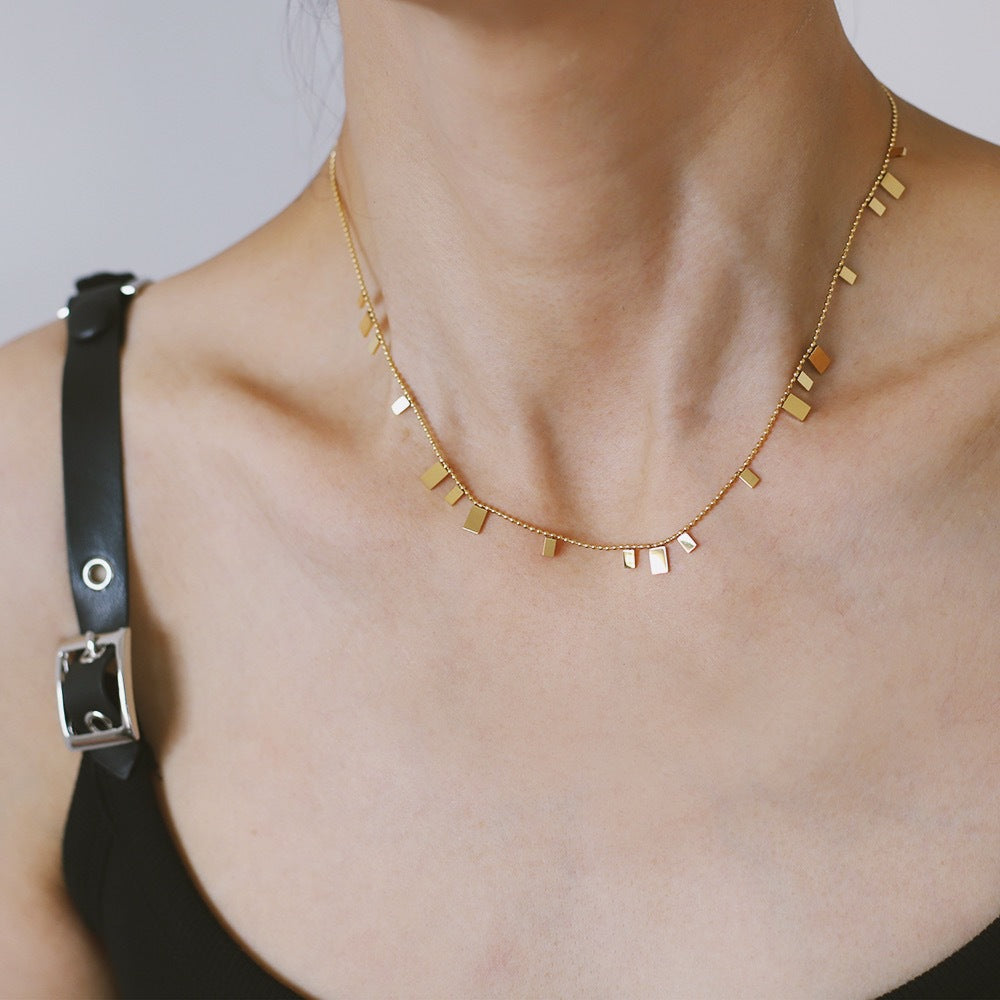 Square Charm Fringe Chain Necklace - Gold - 4