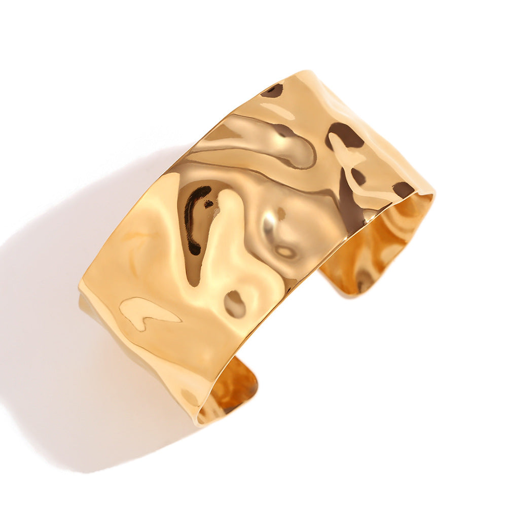 Wide Molten Hammered Statement Cuff Bracelet - Gold