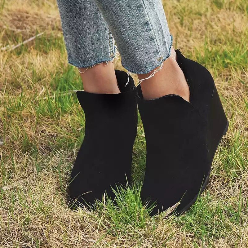 Suede Wedge Ankle Booties with Side Zip - Black