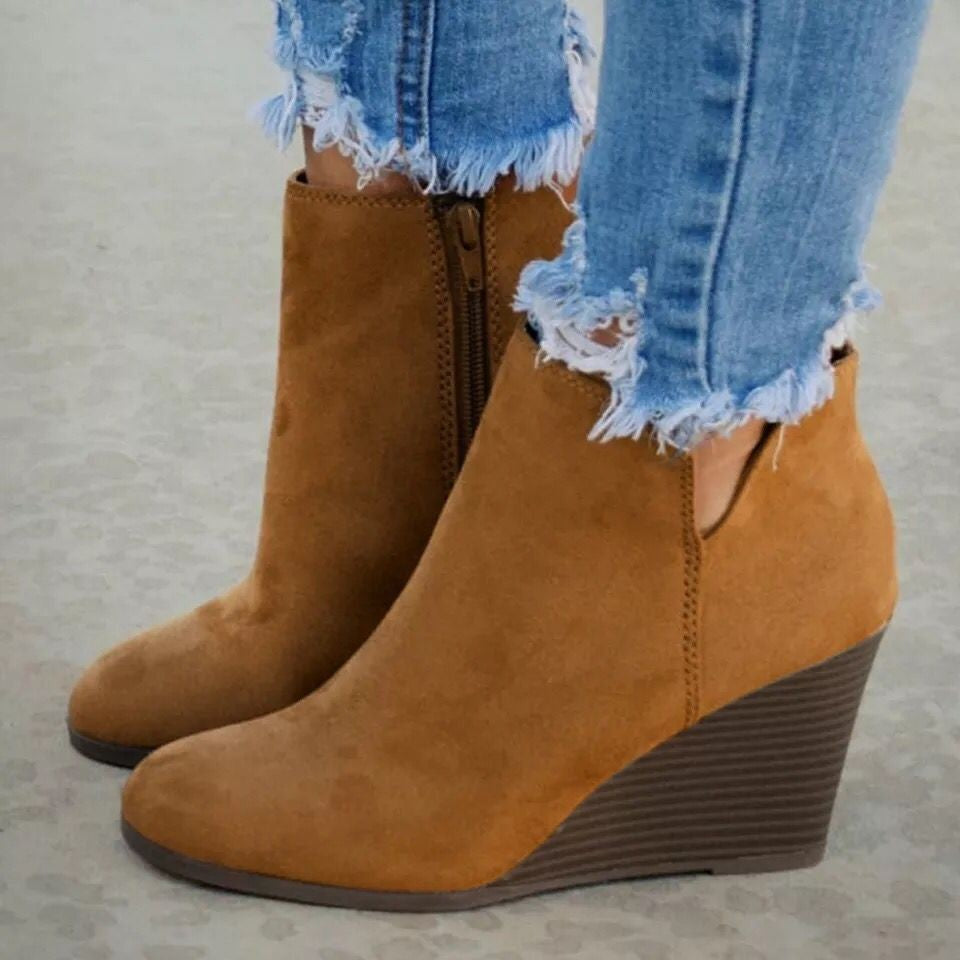 Suede Wedge Ankle Booties with Side Zip