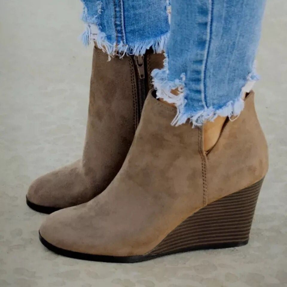Suede Wedge Ankle Booties with Side Zip