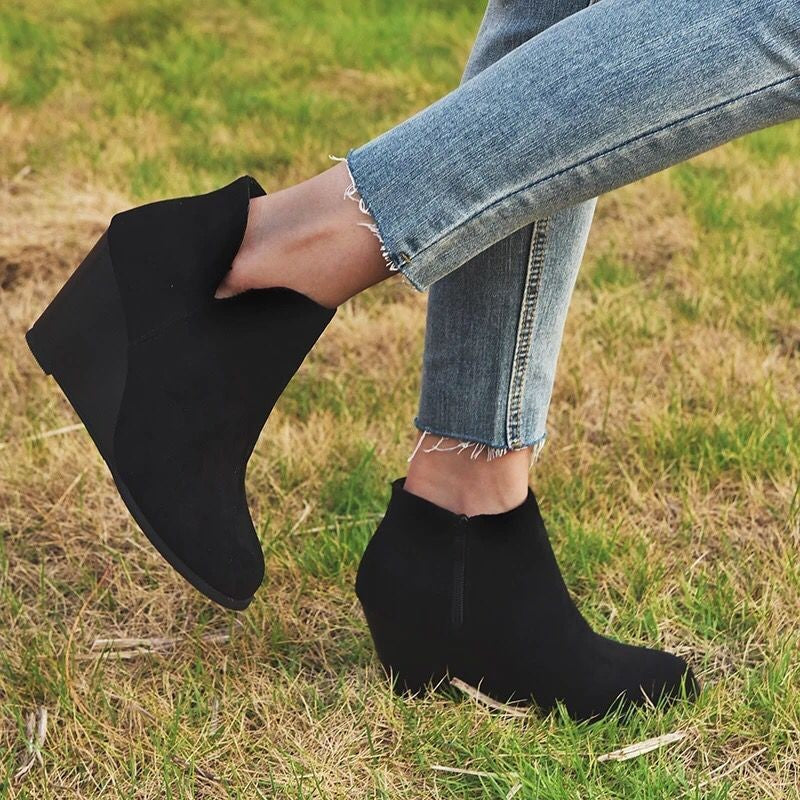 Suede Wedge Ankle Booties with Side Zip