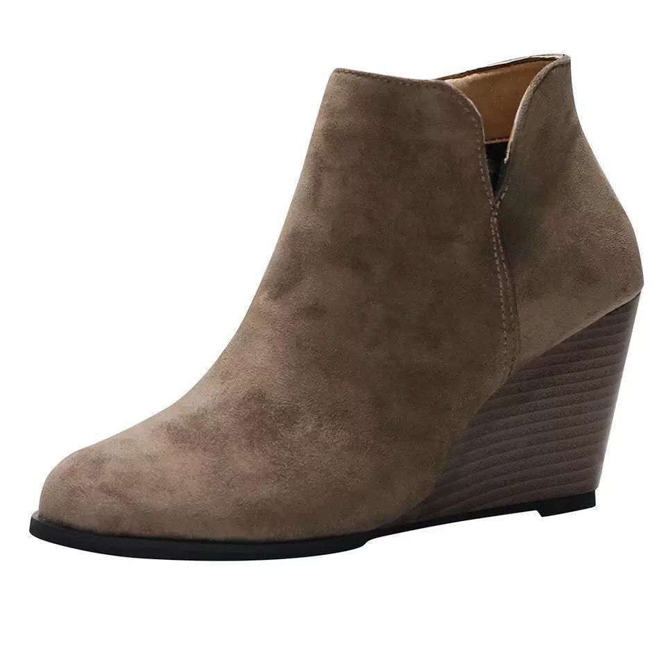 Suede Wedge Ankle Booties with Side Zip